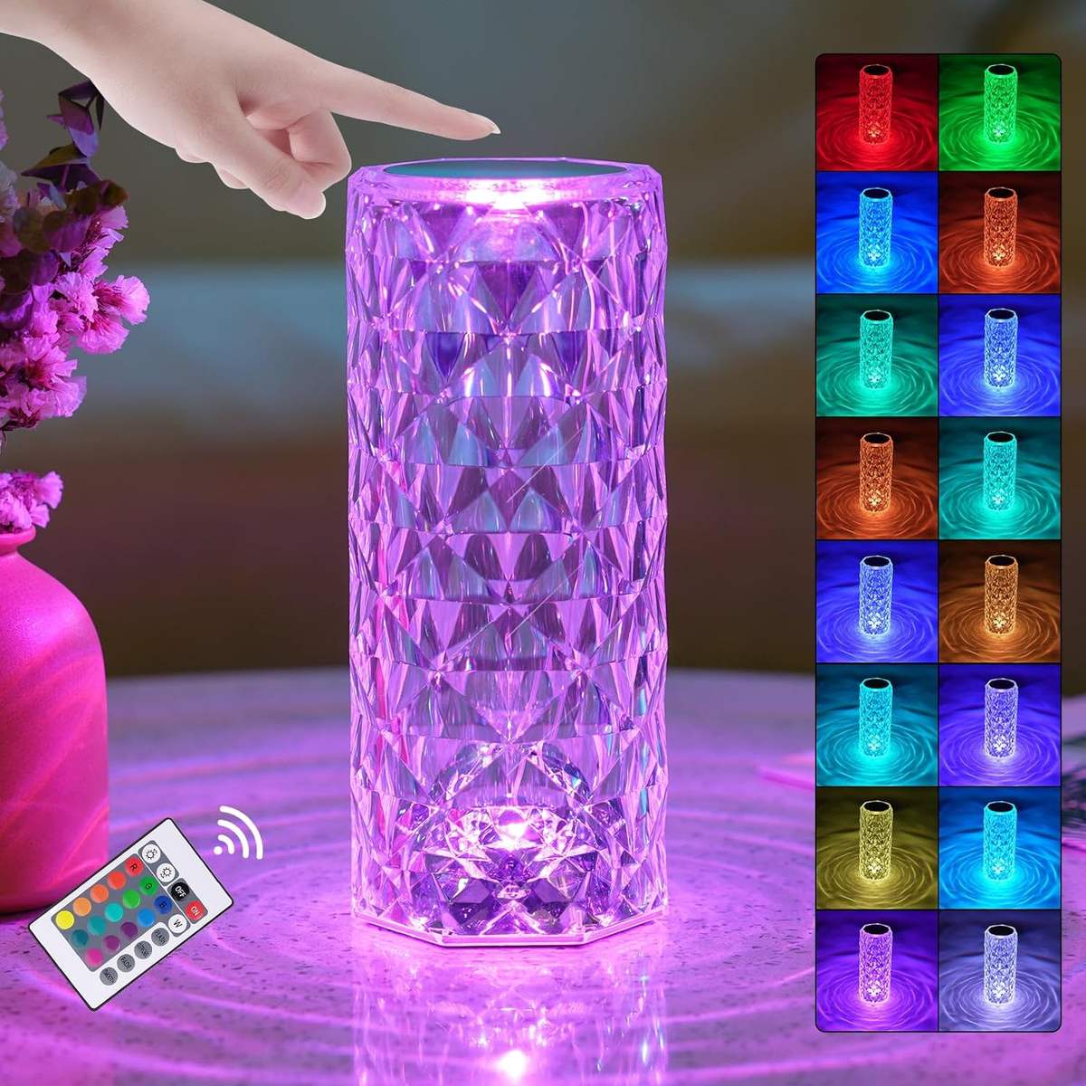 Crystal Rose Diamond LED Night Lamp | 16 RGB Color Changing Light | Touch & Remote Control | USB Rechargeable Romantic Bedside Lamp for Home Decor & Gift