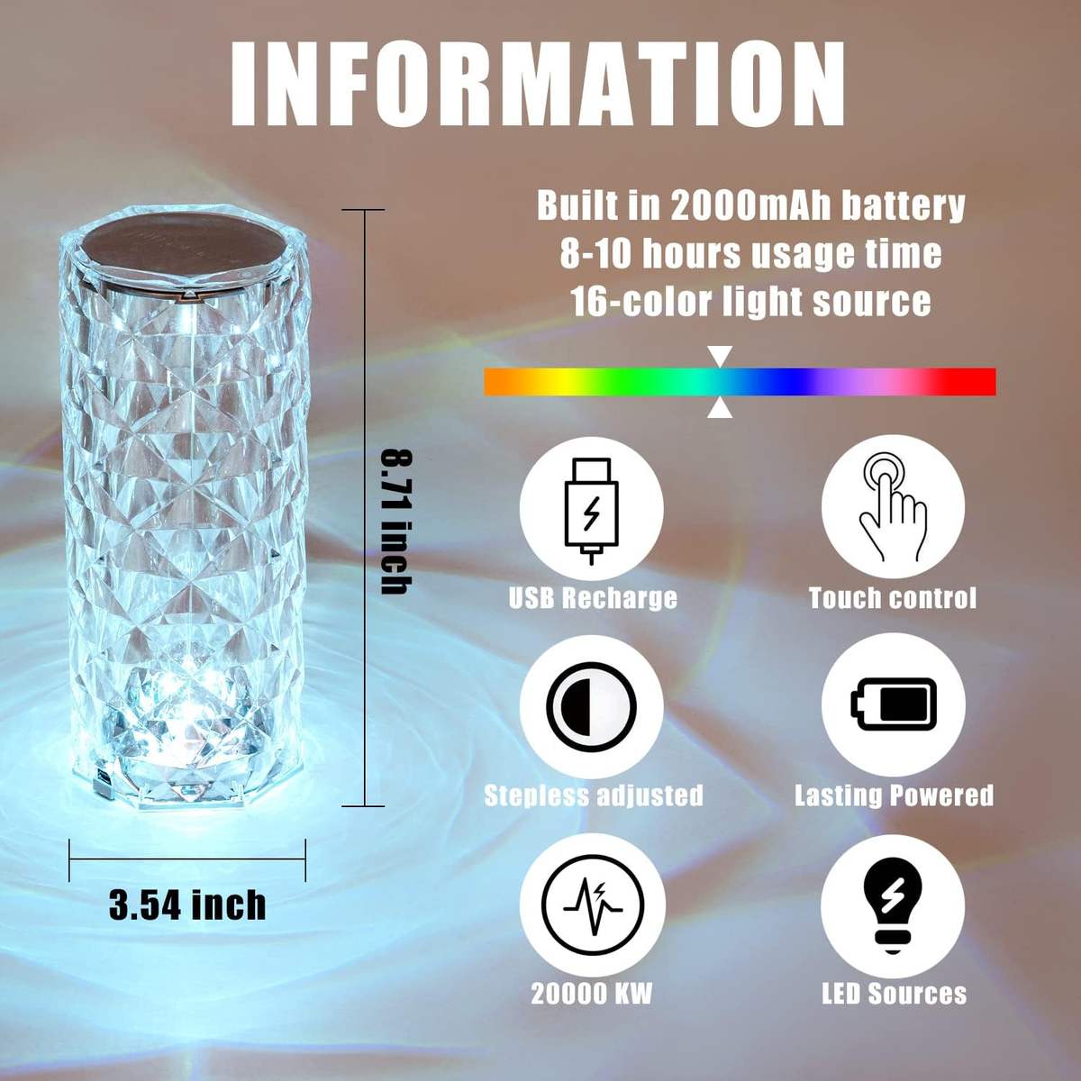 Crystal Rose Diamond LED Night Lamp | 16 RGB Color Changing Light | Touch & Remote Control | USB Rechargeable Romantic Bedside Lamp for Home Decor & Gift